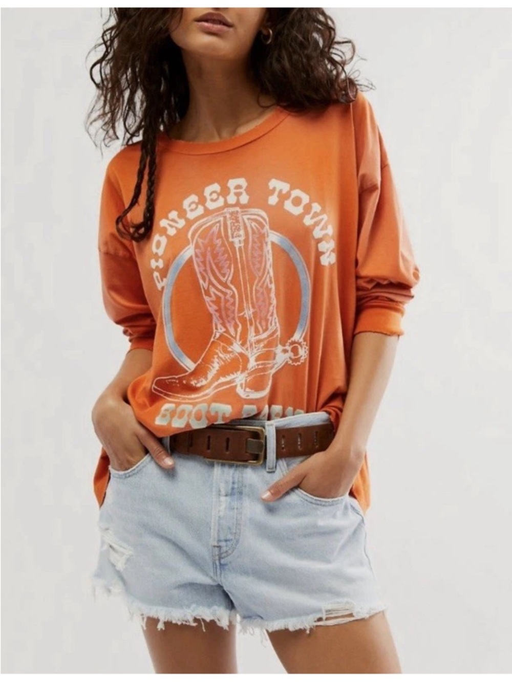 Free People X Daydreamer Distressed Orange Pioneer Town Western Graphic Tee Sz L